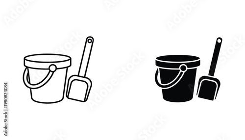Bucket and shovel toy icon in outline and solid style representing beach play and childhood activity for family and travel designs
