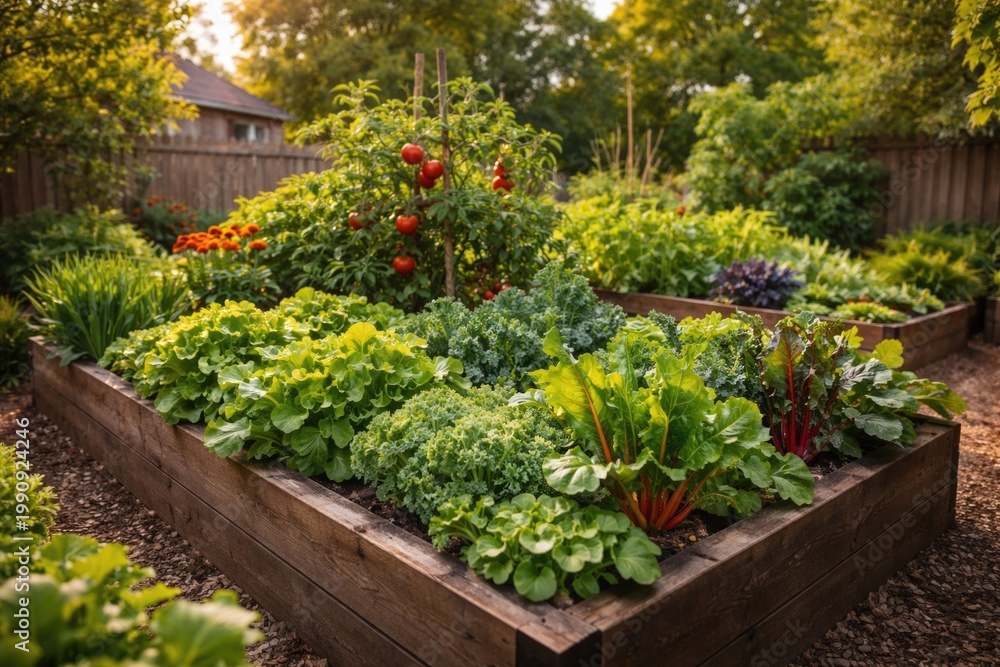 Naklejka premium Vibrant vegetable growth within an elevated planting area in a residential backyard