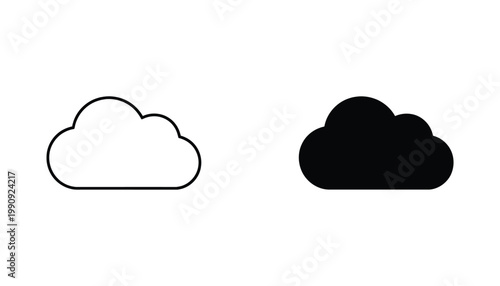 Cloud icon set for meteorological weather forecasting and cloud computing data storage concepts in linear and solid black styles