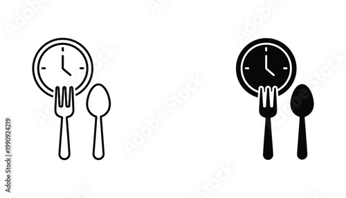 Dining time concept icon featuring wall clock with fork and spoon for restaurant and meal planning applications in linear and solid styles