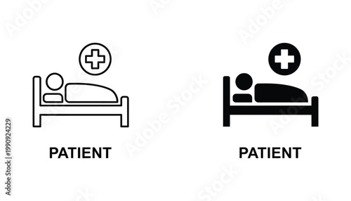 Hospital patient in bed medical icon set with plus sign symbol for healthcare and nursing home facility navigation
