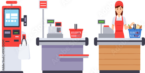 Supermarket Checkout Vector Illustration Set with Cash Register, Self Service Kiosk, Shopping Counter, and Grocery Store Cashier for Retail, Business, and Commerce Designs