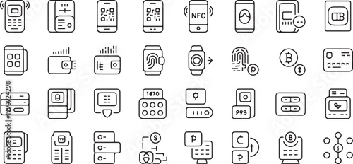 Digital payment and security icons for mobile finance biometric authentication qr codes contactless technology cryptocurrency.