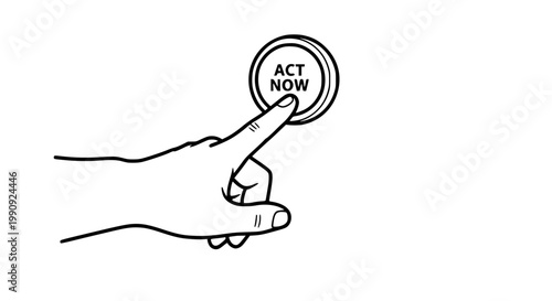 Illustration graphic of a human finger pressing a circular button with the text ACT NOW, symbolizing urgency and immediate action