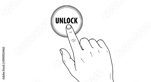 Unlock button graphic illustration showing a human hand index finger pressing a circular digital interface icon for security access and password management in a simple style.
