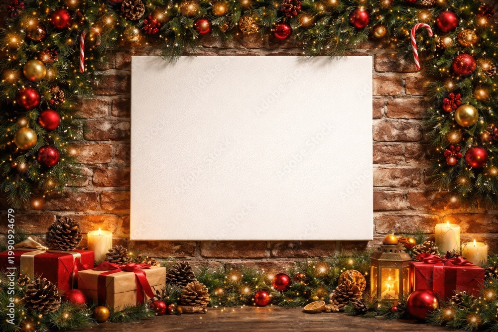 Obraz premium Christmas theme poster mock up on white canvas with rustic brick wall background