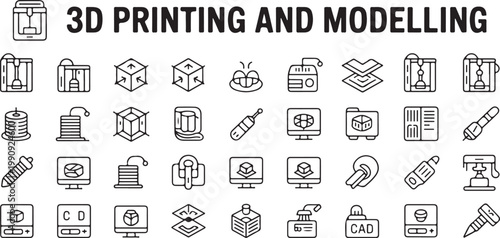 3d printing and modelling icons collection, line art symbols for additive manufacturing and digital creation.