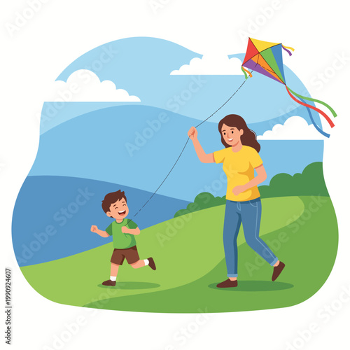 A mother and her young son joyfully run in a lush green field while flying a vibrant kite, capturing the essence of family bonding, outdoor fun, and childhood adventure.