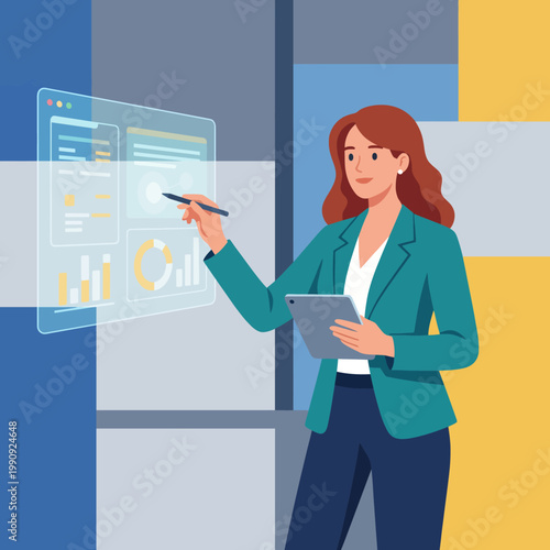 A confident businesswoman is analyzing data displayed digitally, utilizing a stylus and a tablet to convey essential insights, emphasizing modern technology in business.