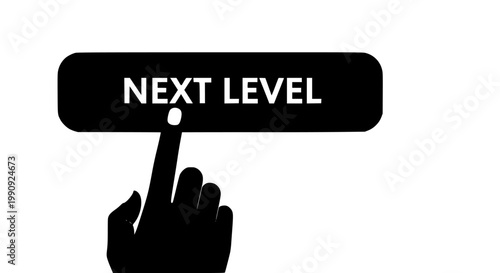 Next level button vector illustration featuring a human finger pressing a black glossy graphical interface element representing progress growth achievement and digital transformation .