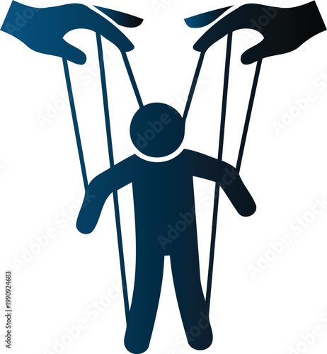 Hands controlling a marionette puppet on strings  symbolizing manipulation and control  isolated on white background