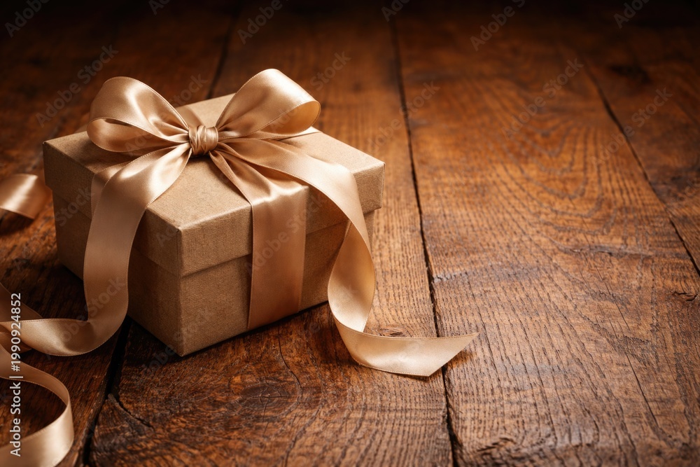 Fototapeta premium Gift box with ribbon bow on rustic oak table and copy space