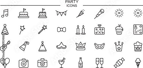 Party celebration and festive events line icons including cakes balloons and carnival masks for birthday and holiday invitations.