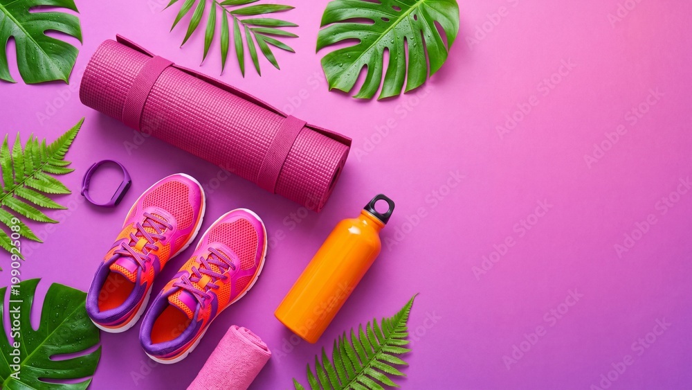 Obraz premium Rolled pink yoga mat with running shoes, orange water bottle, fitness tracker, towel and tropical leaves on purple background. Fitness gear flat lay for workout motivation and healthy lifestyle