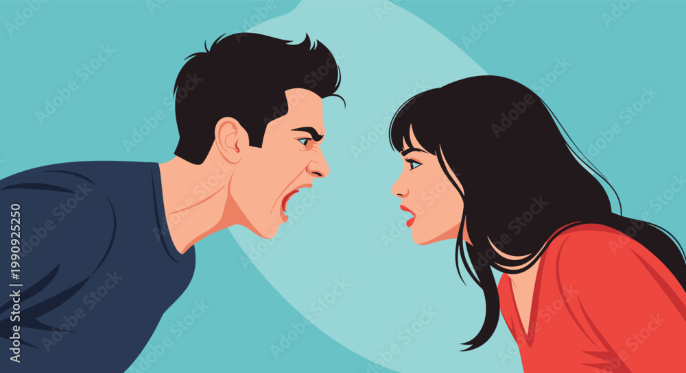 Obraz premium Angry man and woman shouting at each other during an intense argument representing relationship problems and lack of communication issues.