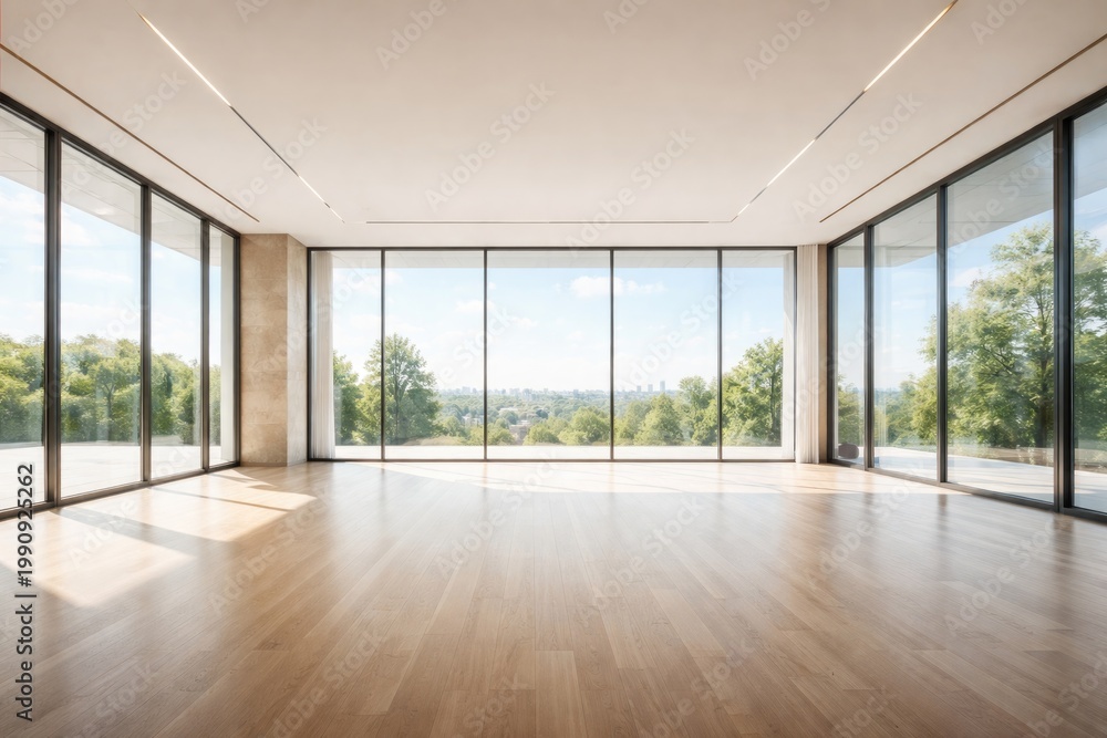 Fototapeta premium Spacious architectural background featuring empty room with floor to ceiling panoramic windows