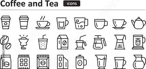 Coffee and tea icons with cups, pots, beans, and brewing equipment for cafe and beverage themes.