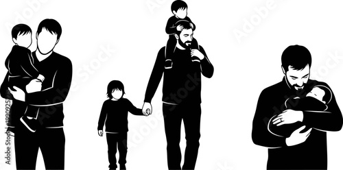 Father and children vector illustration set different scenes depicting fatherhood moments with baby, toddler, and young kids