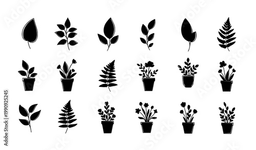 A set of black silhouettes of various plants and flowers in pots