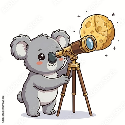 Cute Kawaii Koala Astronomer Looking Through Telescope at Cheese Moon - Chibi Space Discovery Concept Vector Illustration