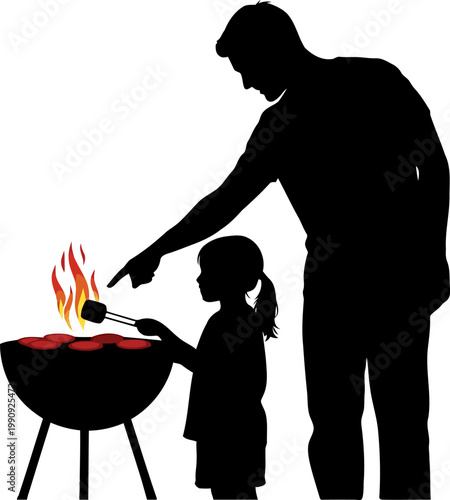 Father and daughter grilling barbecue together dad teaching child how to cook on the grill, a silhouette illustration of family bonding