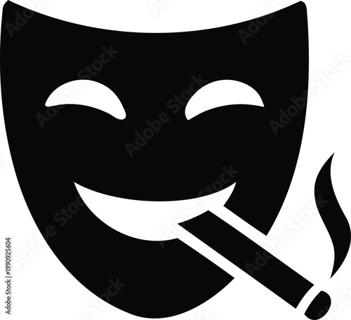 Theatrical comedy mask with a cigarette in mouth smiling face  drama and humor symbol