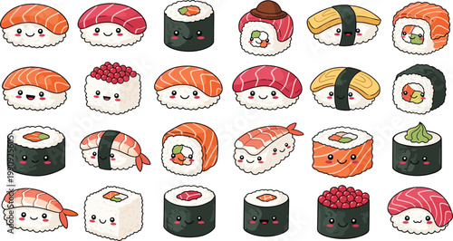 Cute Kawaii Sushi Character Vector Set Featuring Smiling Nigiri Maki and Sashimi Illustrations for Japanese Restaurant Menus Stickers and Creative Culinary Graphic Designs