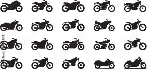 Set of 20 motorcycle icons. collection includes various silhouettes of motorbikes, scooter, chopper, racing bike, cruiser, dirt bike.