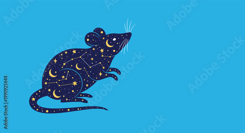 Enchanting illustration of a mouse silhouette filled with a night sky full of stars constellations and crescent moons on blue.