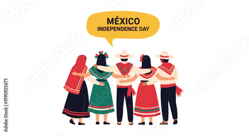Group of five diverse people in traditional Mexican costumes standing with their arms around each other for Mexico Independence Day.