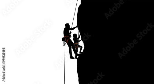 Silhouette of father and daughter rock climbing, illustrating family adventure and teamwork