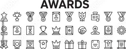 Awards and trophies icon set representing achievement success and competition victory winning champion celebration and recognition achievements.