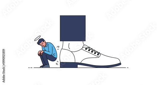 Small businessman feeling crushed and intimidated by a giant foot wearing a business shoe in a conceptual illustration of corporate pressure.