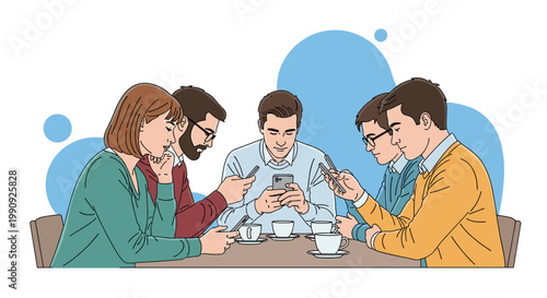 Group of five young friends sitting around a table with coffee cups and ignoring each other while looking at their smartphones.