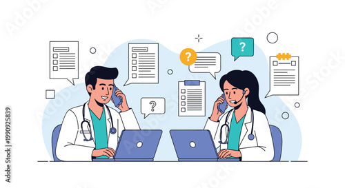 Two doctors sitting at desks with laptops and talking on phones while surrounded by medical document icons and speech bubbles for consultation.