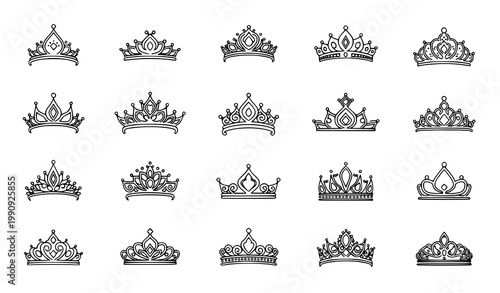 A set of elegant crown illustrations in a minimalist line art style