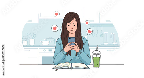 Young woman sitting in her kitchen and smiling while reading romantic messages with heart icons on her smartphone at a table.