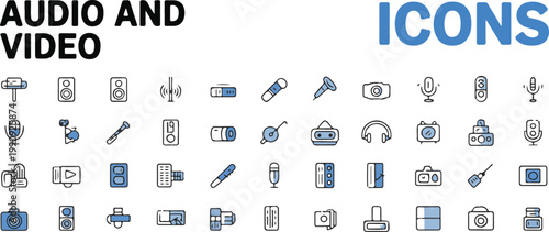 Audio and video icons for sound and music recording equipment and multimedia technology representing communication broadcasting entertainment and digital media.