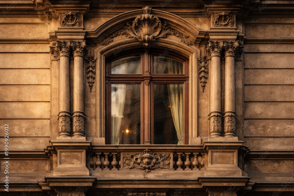 Fototapeta premium Vintage architectural detail featuring a brown window frame on the upper exterior wall