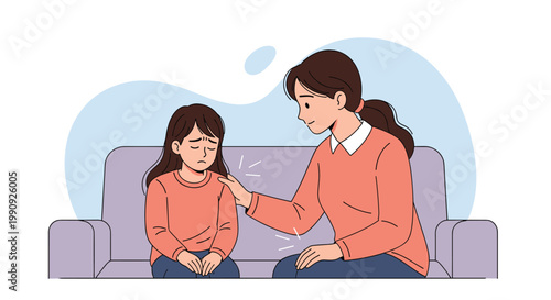 Caring mother sitting on a sofa and comforting her sad or upset young daughter during a difficult moment at home.