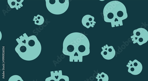 Halloween seamless pattern featuring light teal skulls scattered across a dark blue background for a spooky and gothic aesthetic.