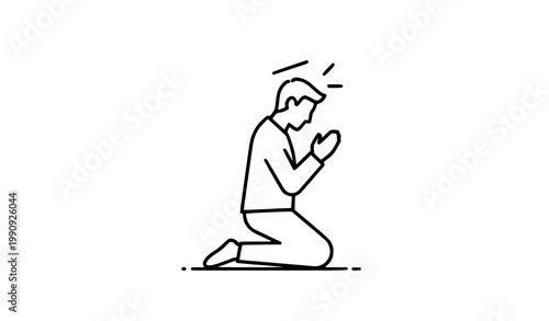 A minimalist line art illustration of a man kneeling in prayer