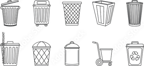 "Set of Trash Can and Recycling Bin Icons Featuring Different Designs for Waste Management, Environmental, and Cleanliness Projects"