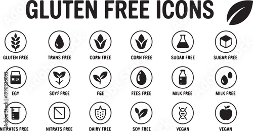 Gluten free icons set. collection of vector silhouettes for product labeling, dietary restrictions, and healthy eating.