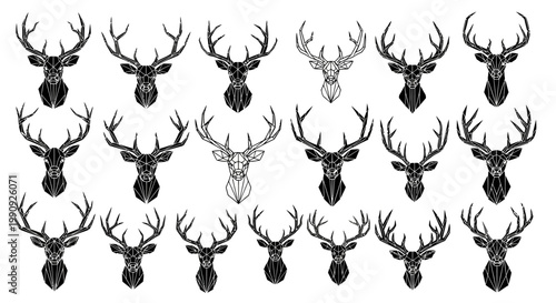 Collection of diverse stag and deer head silhouettes in various artistic styles featuring intricate antlers and detailed facial features presented against a clean white background