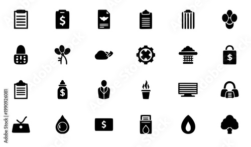 A collection of black and white icons representing various business and finance concepts