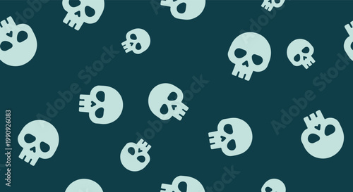 Spooky seamless pattern with scattered light blue skulls on a dark navy background for Halloween decorations and gothic textiles.