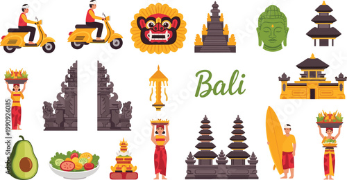 Bali Indonesia Travel Vector Icon Set Featuring Pura Lempuyang Gate Barong Mask Buddha Statue Surfer Scooter and Traditional Temples for Tourism and Culture Designs