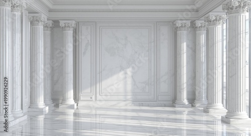 White marble interior setting enhanced with gypsum pilasters and pommel column capitals