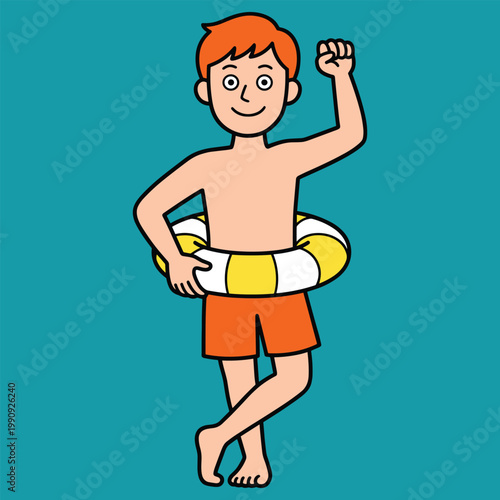 Cartoon Boy with Swim Ring Standing Pose Flat Vector Illustration